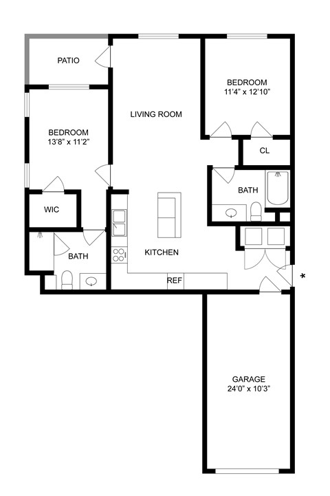 Floor plan for 2 beds, 2 baths, 1125 sqft